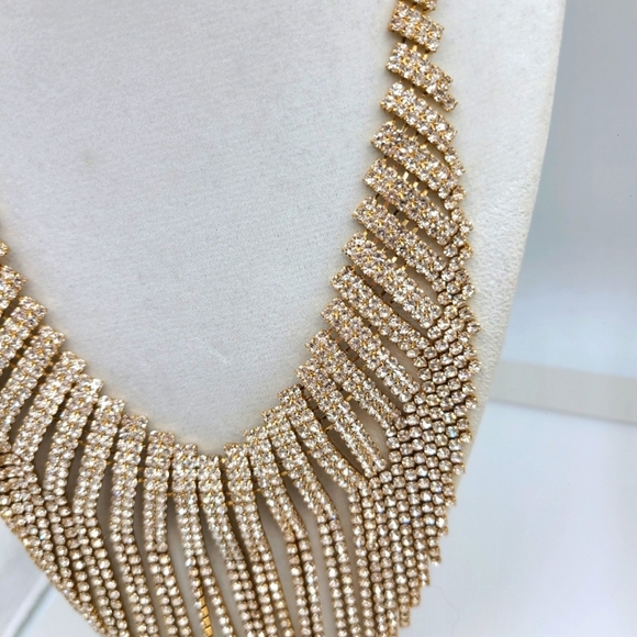 - Bib Goldtone Fringe Necklace • Filled w Rhinestones - Picture 1 of 3